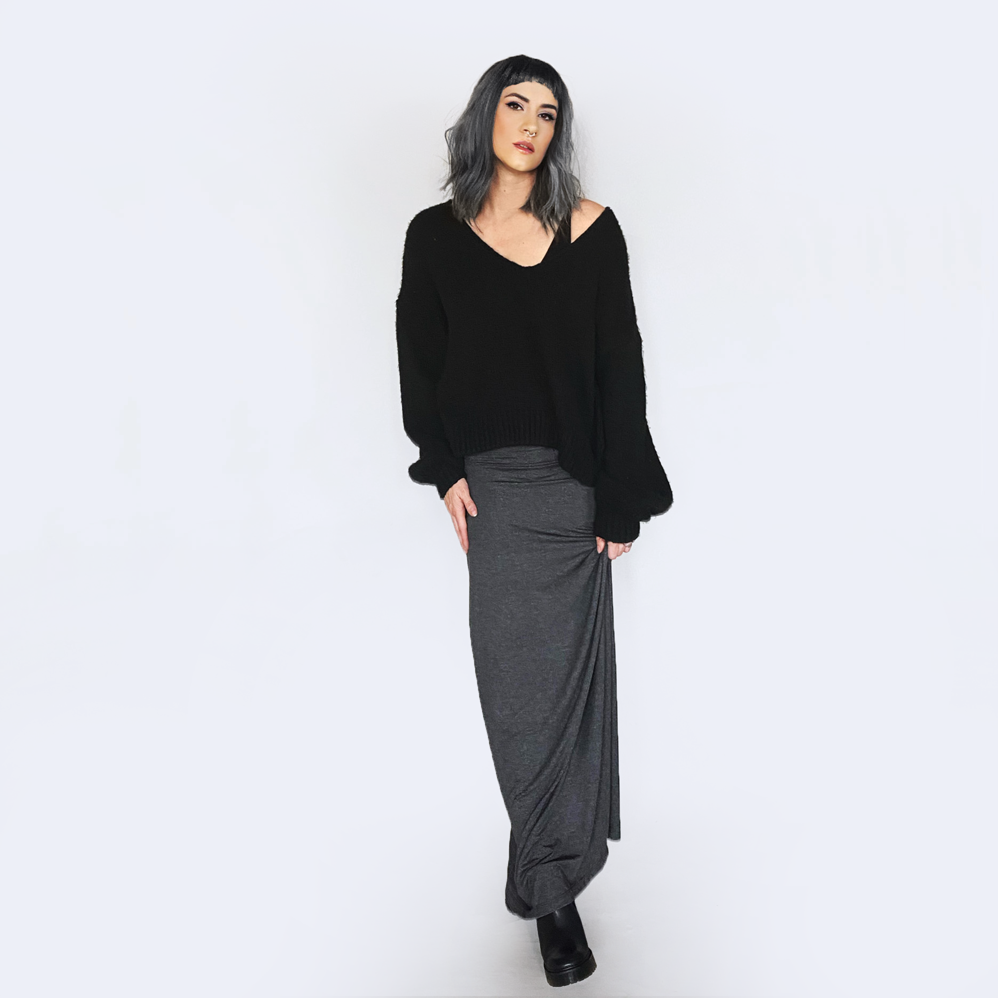 Jersey Maxi Skirt in Gray-Skirts-ESPI LANE