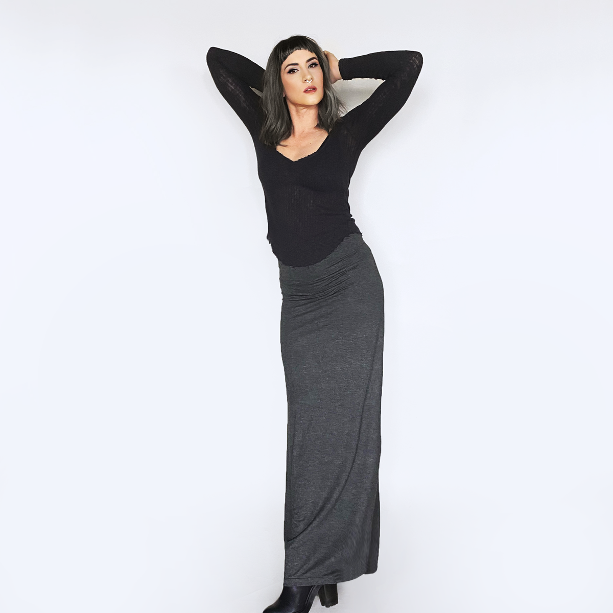 Jersey Maxi Skirt in Gray-Skirts-ESPI LANE